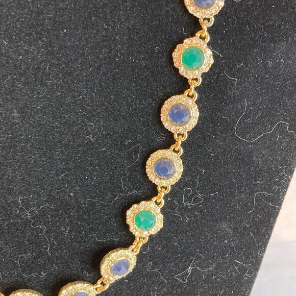 0040 Ann Taylor Gold Tone Necklace w/Green & Blue Faceted Stones & Rhinestones - Picture 2 of 4